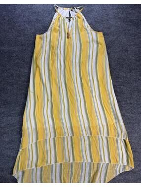 Mlle Gabrielle Yellow Green Striped Sleeveless High-Low Dress XL Summer, Pastel